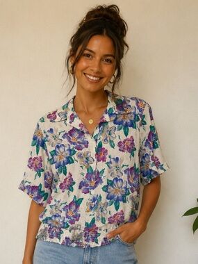 Vintage Alfred Dunner White Floral Button-Front Short Sleeve Blouse Size 14 or M